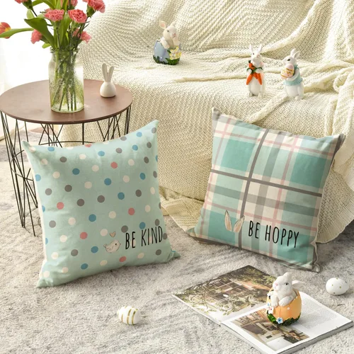 Vista 2 de AVOIN colorlife Juego de 4 fundas de cojín de Pascua con diseño de búfalo y flor de conejo de Pascua Be Hoppy Bule, 18 x 18 pulgadas, diseño