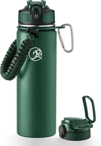 Vista 20 de GOSWAG - Botella de agua de viaje de acero inoxidable aislada de 24 onzas, 2 tapas with straw and no straw, Paracord handle, Double-wall vacuum