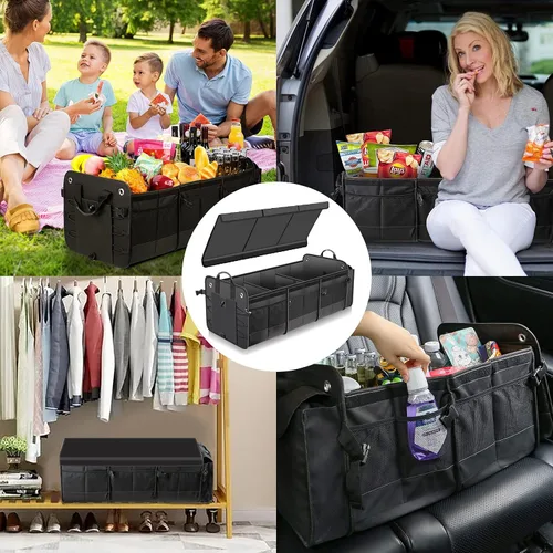 Vista 7 de Organizador de maletero de coche con tapa y bolsa enfriadora a prueba de fugas removible, cubierta plegable, organizadores grandes de maletero