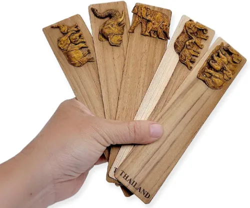Vista 4 de WitnyStore Marcapáginas de madera tallada de 7 pulgadas de largo, elefante, mamá, caricia, bebé, horizontal, diseño único, marcapáginas hechas a