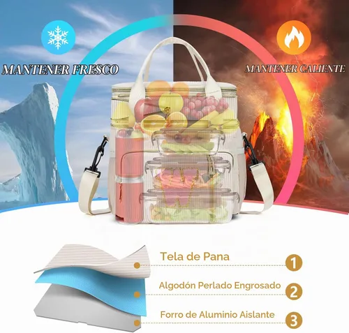 Vista 3 de Lonchera personalizada con inicial para mujer, bolsa de almuerzo grande con aislamiento térmico expandible de doble cubierta con correa