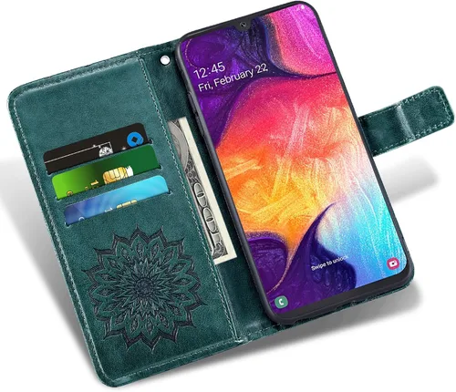 Vista 2 de Funda de teléfono para Samsung Galaxy A50 con protector de pantalla de vidrio templado, funda magnética de cuero, soporte para tarjetas, accesorios