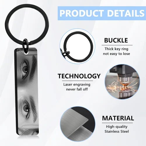 Vista 5 de Llaveros personalizados con foto de ojo, llaveros personalizados para ojos, texto grabado, regalo personalizado de acero inoxidable de doble cara