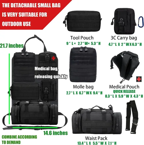 Vista 2 de Paquete de 7 organizadores tácticos para respaldo de asiento, organizador de camión con 6 bolsas desmontables, universal para automóvil, camión