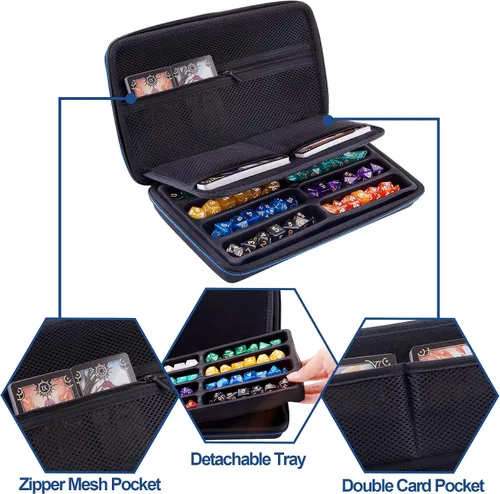 Vista 2 de SIQUK Estuche para dados DND, estuche organizador de dados con asa, bandeja ranurada extraíble con capacidad para 8 juegos de dados DND para Azul