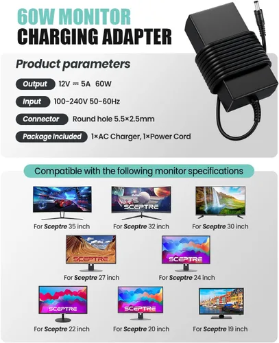 Vista 7 de 12V 5A Power Cord for Sceptre EC Series Monitor, 5.5x2.5mm