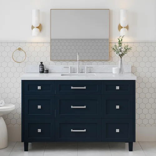 Vista 25 de ARIEL Hamlet - Mueble de baño de 54 pulgadas con fregadero, madera maciza, encimera de mármol italiano de Carrara de 1.5 pulgadas, fregadero