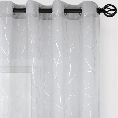 Vista 54 de BUHUA Cortinas pequeñas para ventana de 36 pulgadas de largo, 2 paneles, cortinas opacas con elegantes ramas de árbol plateadas, cortinas de bloqueo