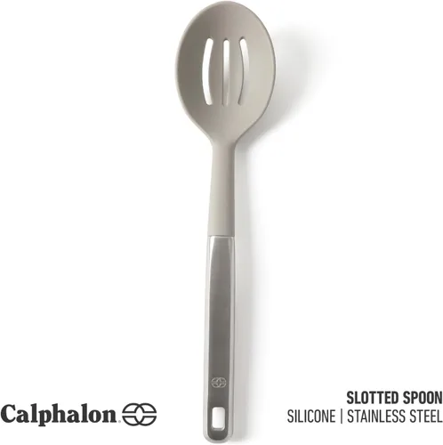 Vista 2 de Calphalon Prime - Espumador de cuchara ranurada, cuchara ranurada de acero inoxidable, cuchara coladora con cabeza de silicona color topo Gris pardo