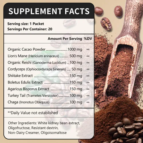 Vista 2 de CANLIST Café en polvo orgánico de hongos 9 en 1 con melena de león y chaga, Cordyceps, Reishi, Shiitake para enfoque cognitivo, apoyo inmunológico