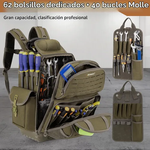 Vista 4 de Mochila de herramientas resistente para hombres, base moldeada impermeable Caqui oscuro