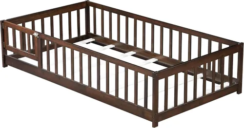 Vista 9 de Marco de cama Montessori de tamaño individual con rejillas, puerta y valla Valla Espresso