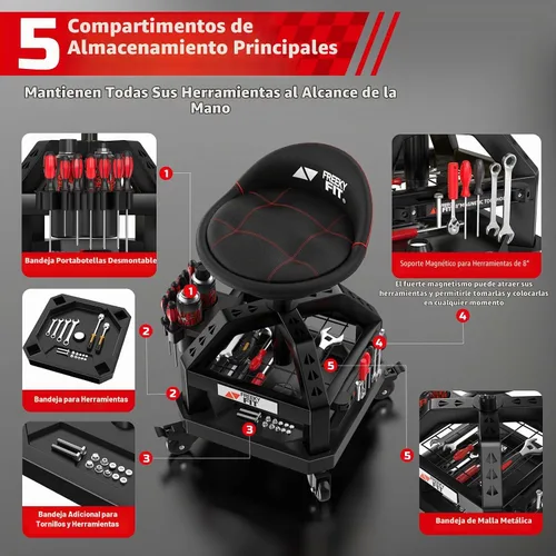 Vista 3 de Rolling Shop Taburete para garaje con ruedas, DO02 - Asiento giratorio de 360° de altura ajustable con almacenamiento de bandeja de herramientas