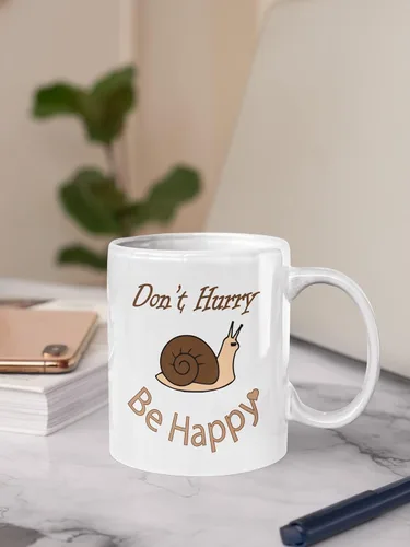 Vista 3 de Taza Don't Hurry Be Happy, diseño fresco de caracol, taza para amantes del café, café todo el día, café todos los días, Primero Café, relax, citas