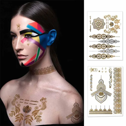 Vista 2 de 12 hojas de tatuajes temporales metálicos dorados destellantes para mujeres y niñas, impermeables, dorados y plateados, calcomanías de tatuaje
