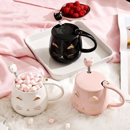 Vista 3 de Juego de Tazas de Gato de 3 Lindas Tazas de Cerámica para Gatos con Tapa, Cuchara y Posavasos Taza de Café para Gatos para Mujeres, Niños, Amantes