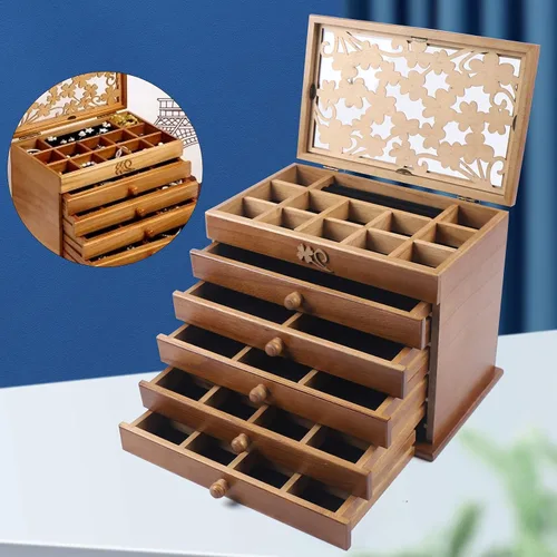 Vista 5 de Joyero de madera con 6 capas, organizador de madera, ideal como regalo para mamá y novia.