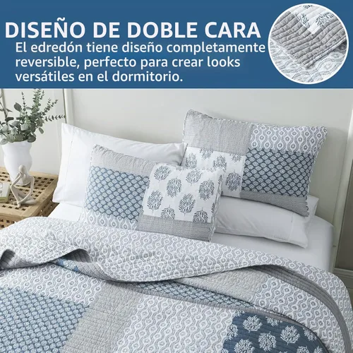 Vista 4 de KALOOLA - Juego de ropa de cama con colcha acolchada de retazos tamaño queen, 100% algodón, colcha ligera con 2 fundas de almohada, colcha Azul