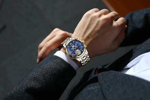 Vista 3 de OLEVS Relojes mecánicos automáticos para hombre, vestido de lujo, impermeable, cuerda automática, cronógrafo, de acero inoxidable, fecha luminosa