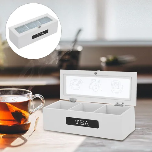 Vista 7 de SEWACC Wooden Tea Bag Organizer Box with 3 Compartments Coffee Shop Storage Chest Tea Packet Holder for Kitchen Countertop Home Use
