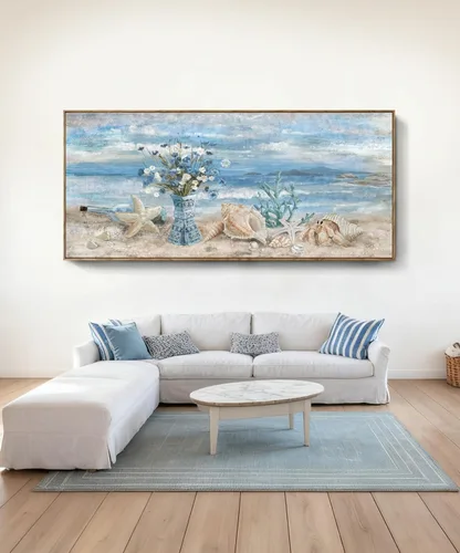 Vista 14 de Arte de pared para decoración de baño, imagen de playa azul, tema oceánico, impresión en lienzo de flores, pintura moderna de paisaje marino