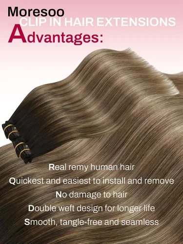 Vista 2 de Moresoo Extensiones de cabello humano con clip, balayage, color marrón oscuro a marrón dorado con clip, extensiones de cabello humano con clip, 5