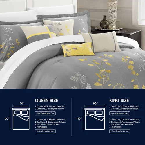 Vista 6 de Chic Home, set de cama de 8 unidades, colcha bordada con diseño floral., Microfibra, Amarillo, King