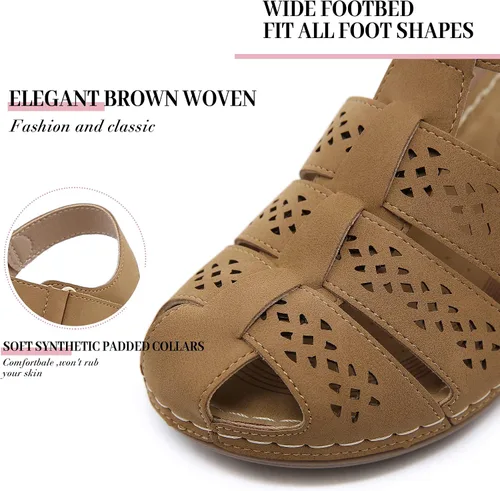 Vista 2 de Sandalias de cuña de gladiador con punta cerrada para mujer, cómodas, informales, tejidas, de verano, con velcro