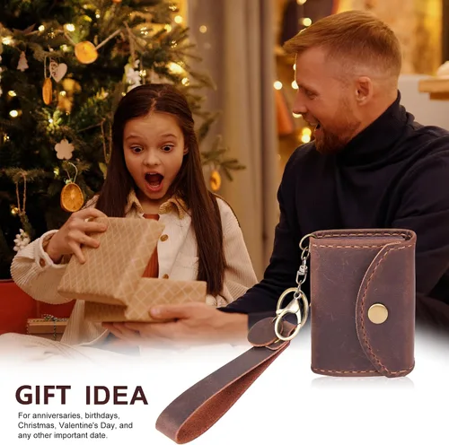 Vista 7 de Cartera de cuero genuino para tarjetas de crédito, organizador de tarjetas de crédito para mujeres y hombres, monedero pequeño llavero, Café, Simple