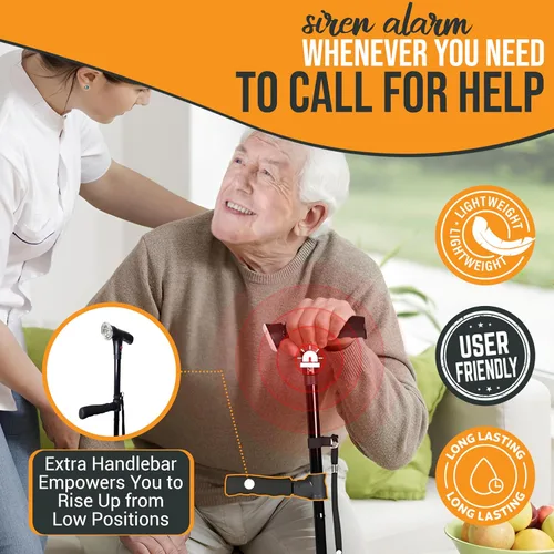 Vista 3 de Bastón de caminar con luz y alarma, plegable, ajustable, ligero, para equilibrio y estabilidad para adultos, personas mayores y lesionados. [Negro]