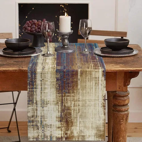 Vista 29 de Emvency - Camino de mesa de estilo granja, pintura de arte abstracto vintage en azul y gris para mesa de cocina, cenas familiares, fiestas, bodas