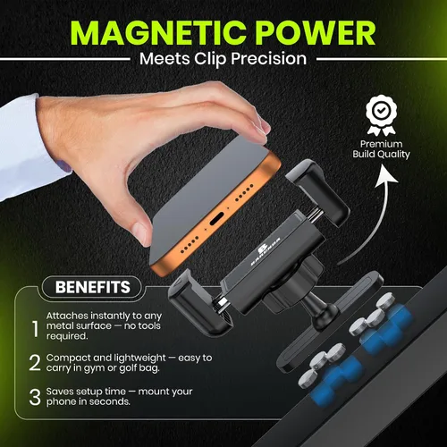Vista 5 de Soporte magnético para teléfono para gimnasio con imán N52 y clip seguro, fuerte soporte magnético para teléfono para todos los teléfonos, se fija a