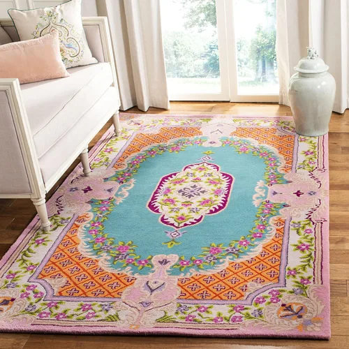Vista 11 de SAFAVIEH Bellagio Collection - Alfombra decorativa de 2 x 3 pies, azul y rosa, hecha a mano de lana de medallón, ideal para zonas de alto tráfico