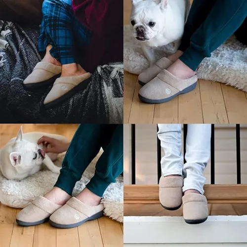 Vista 5 de isotoner Pantuflas de rizo con capucha para mujer con espuma viscoelástica suave, soporte de arco cómodo y suela para interiores y exteriores