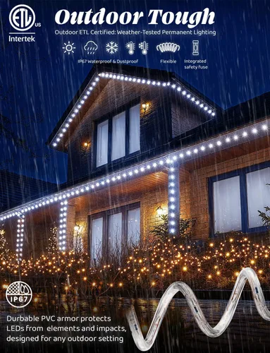 Vista 3 de Cuerda de luz LED blanca fría de 150 pies con 1656 luces LED, 8 modos de 1/2 pulgada de grosor, controlador conectable al aire libre, permanente