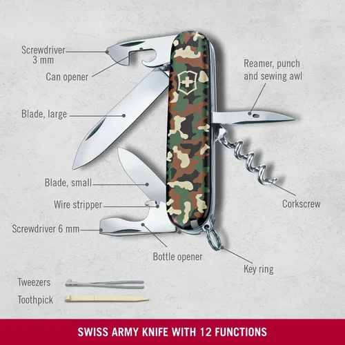 Vista 3 de Victorinox Spartan Navaja del Ejército Suizo, 12 Funciones, Navaja de Bolsillo Hecha en Suiza con Sacacorchos, Abrelatas y Destornillador - Camuflaje