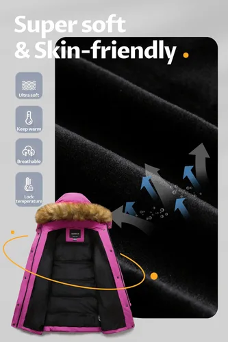 Vista 3 de CREATMO US Chaqueta de esquí larga con forro polar para niña con capucha de pelo grueso