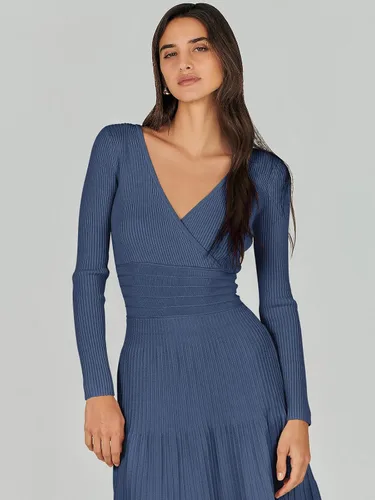 Vista 4 de ANRABESS Vestido midi cruzado tipo suéter para mujer, manga larga, cuello en V, cintura alta, acanalado, plisado, vestido acampanado