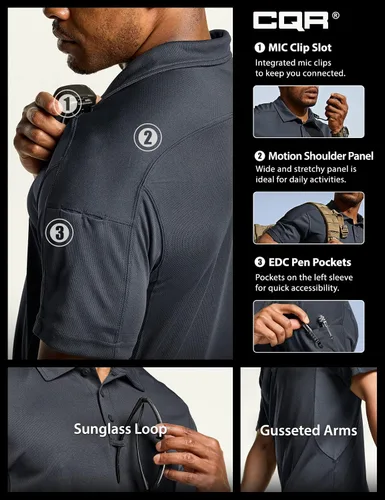 Vista 6 de CQR Camiseta polo táctica para hombre, de manga corta, ligera y con Dry Fit, tela piqué, FPU 50+, para exteriores