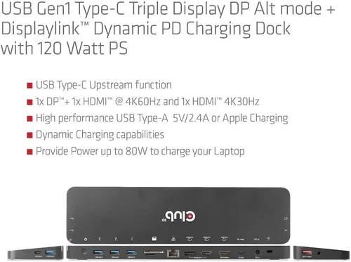 Vista 8 de Club 3D CSV-1566 USB Gen1 Tipo-C Triple Pantalla DP Modo Alt Displaylink Dynamic PD Dock de carga con 120 vatios PS