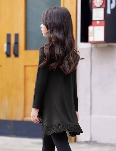 Vista 5 de Arshiner - Blusa tipo túnica para niñas, casual, básica, suelta, suave, con movimiento, de manga larga, camiseta tipo playera Negro (C Black)
