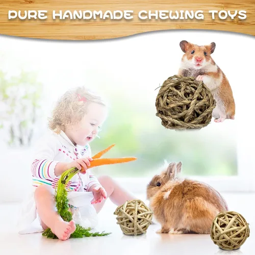 Vista 3 de Tfwadmx 6 unidades de bolas masticables de animales pequeños, juguete de conejo, bolas de juego de actividades rodantes, jaula para mascotas