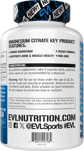 Vista 3 de EVL Cápsulas de citrato de magnesio de 400 mg – Suplemento de salud muscular y ósea con citrato de magnesio puro para relajación muscular y fuerza