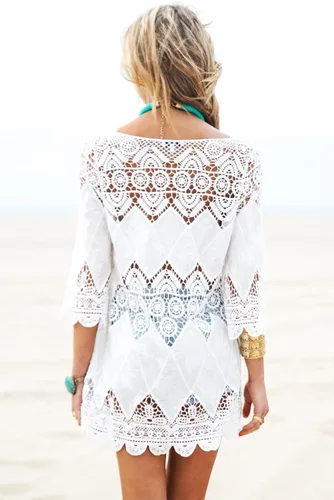 Vista 4 de Vestido de playa, tipo túnica, tejido al crochet, cubre la bikini, M, Blanco