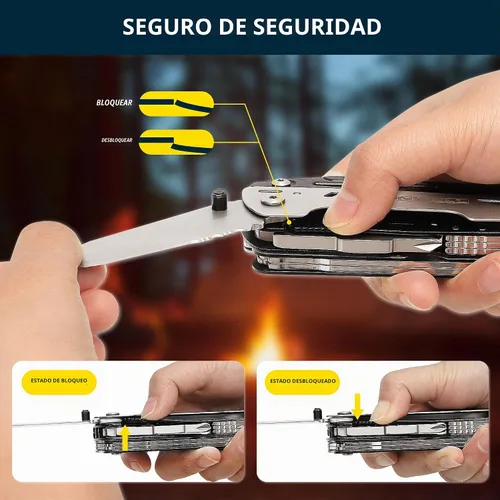 Vista 3 de Alicates multifunción 12 en 1 con cierre de seguridad, encendedor y silbato, cuchillo de bolsillo de acero inoxidable, multiherramienta de camping