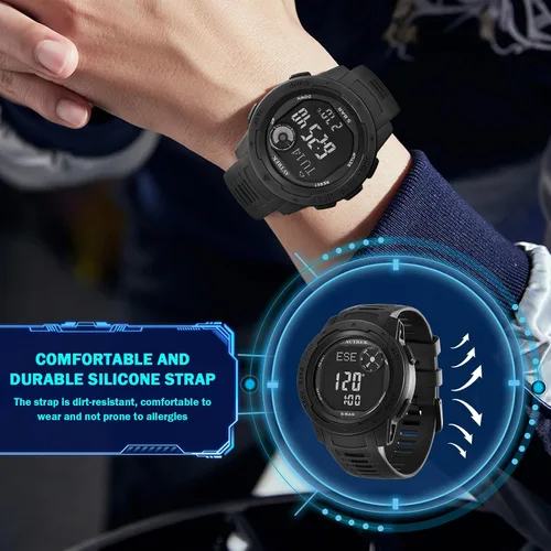 Vista 6 de Reloj táctico para hombre con brújula, podómetro digital impermeable 50M, altímetro para senderismo al aire libre y escalada (negro)