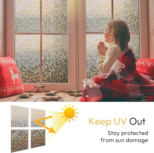 Vista 3 de rabbitgoo Película de privacidad para ventana con diseño de vidrio emplomado, película decorativa de arcoíris en mosaico, tinte estático removible
