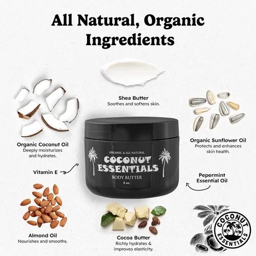 Vista 3 de Coconut Essentials Mantequilla corporal hidratante – Aceite de coco, vitamina E, karité, menta, almendra, cacao y girasol – para una piel hermosa