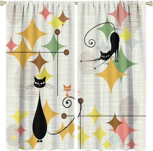 Vista 36 de Cortinas de estilo de mediados de siglo, diseño geométrico abstracto moderno, diseño retro, estampado de gato negro, para dormitorio, sala de estar