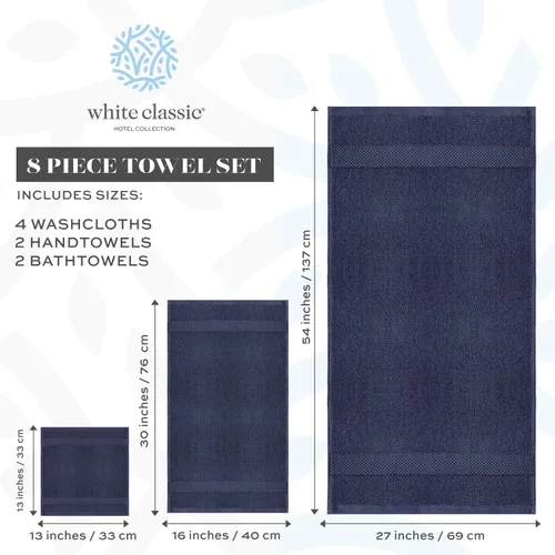 Vista 6 de White Classic Juego de 2 toallas de baño de lujo azul marino de 22 x 34 pulgadas y 8 toallas